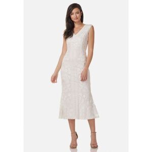 NWT JS Collections Beaded Dress 6 Ivory Midi Embroidered Bridal Wedding Guest